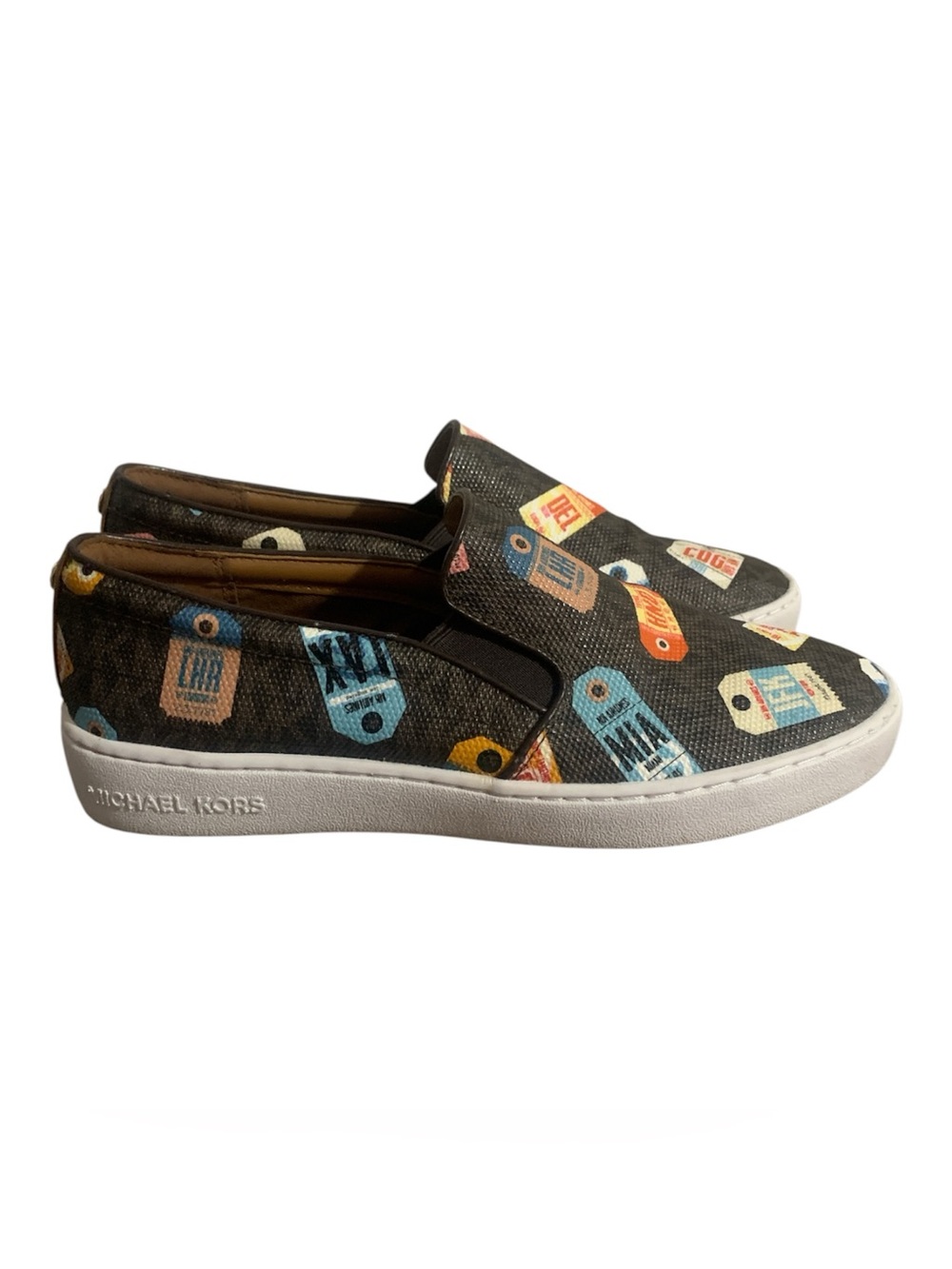 Michael Kors Black Slip-On Loafers with Multicolor Tag Print Women 8
